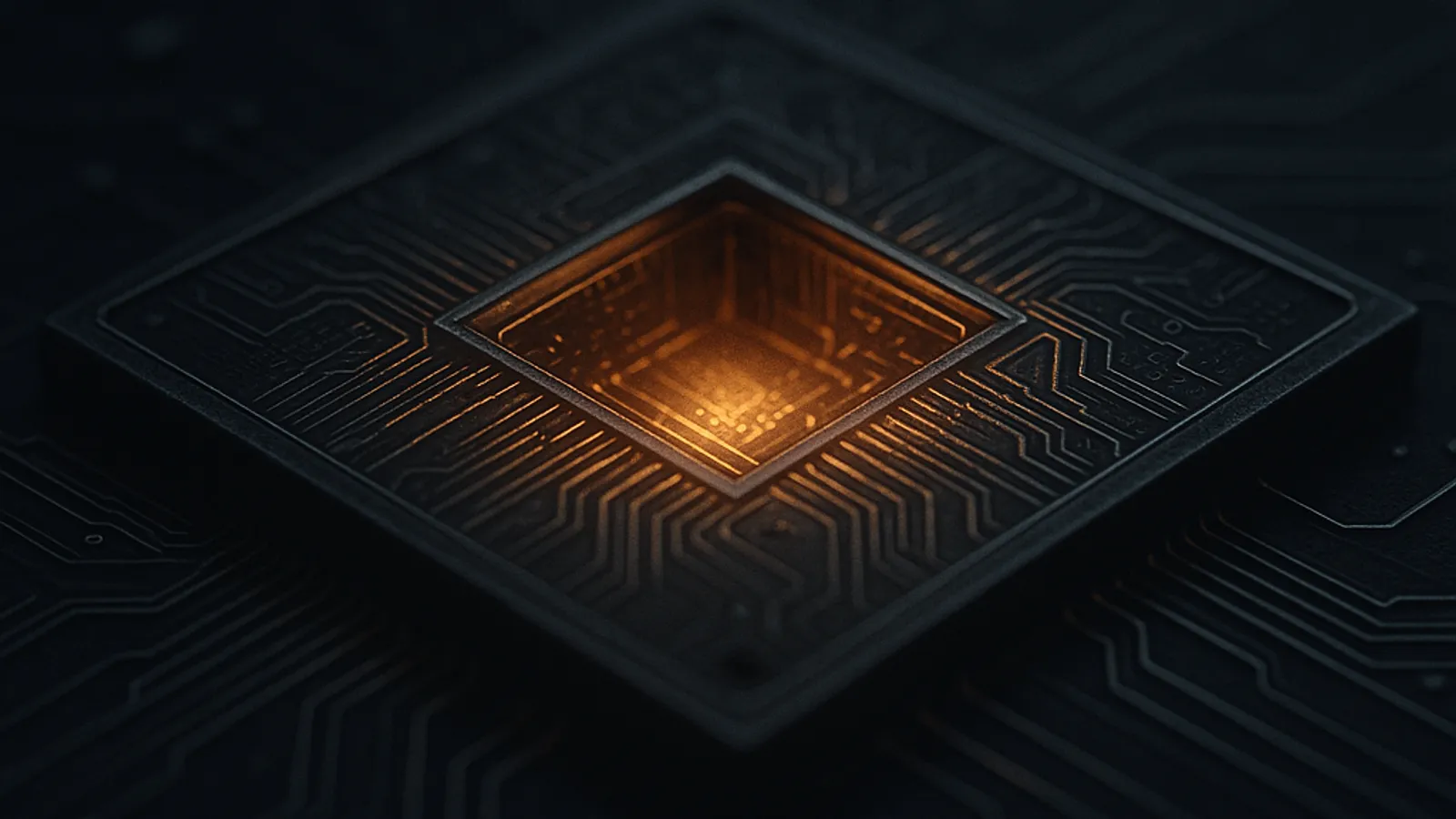 A dark silicon processor die with one small chamber at its center glowing warm amber from within — a lit room inside the machine