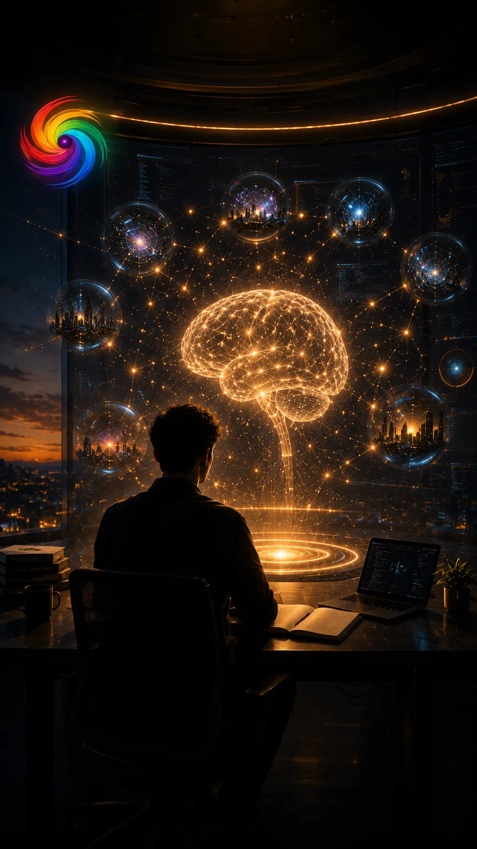CAL research room with a glowing neural workspace and suspended knowledge spheres