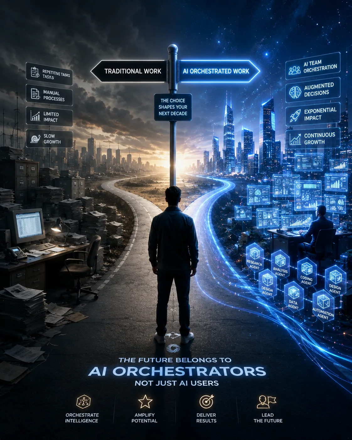 A professional standing at the crossroads between traditional work and AI-orchestrated work