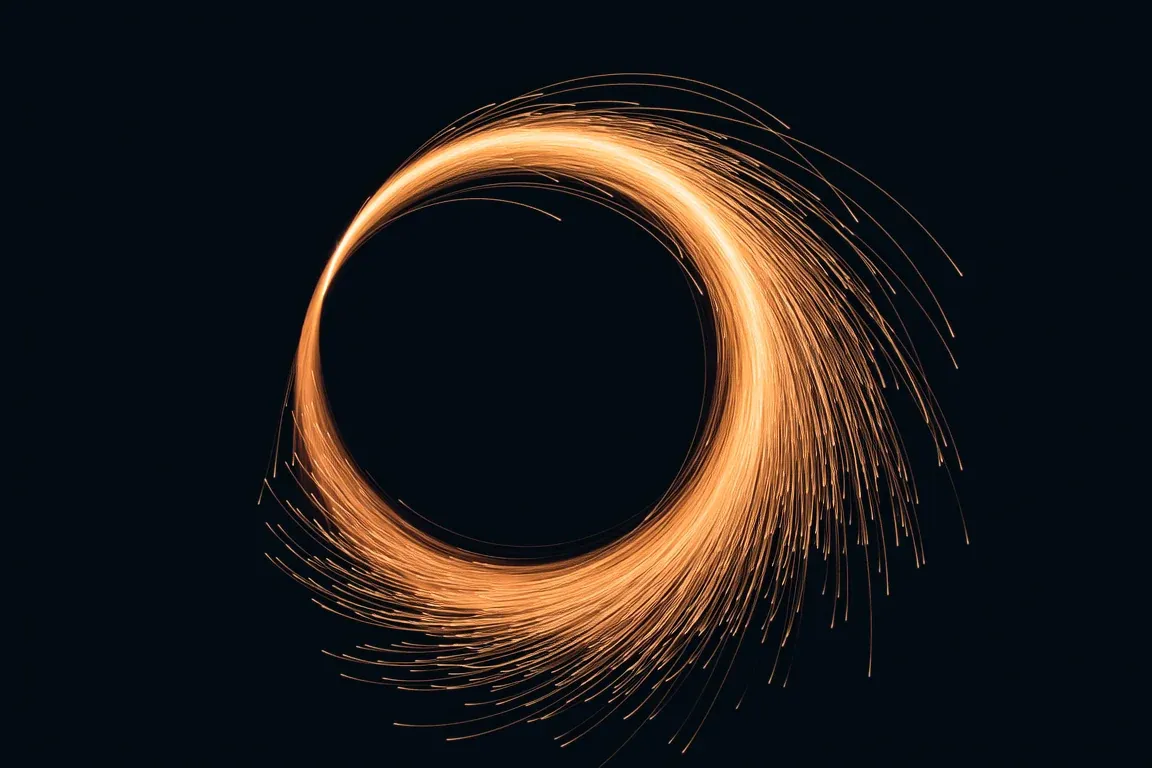 A stream of light curving back into its own origin — the loop has begun to bend towards itself, but has not yet closed.