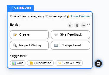 Interfaz de Brisk en Google Docs