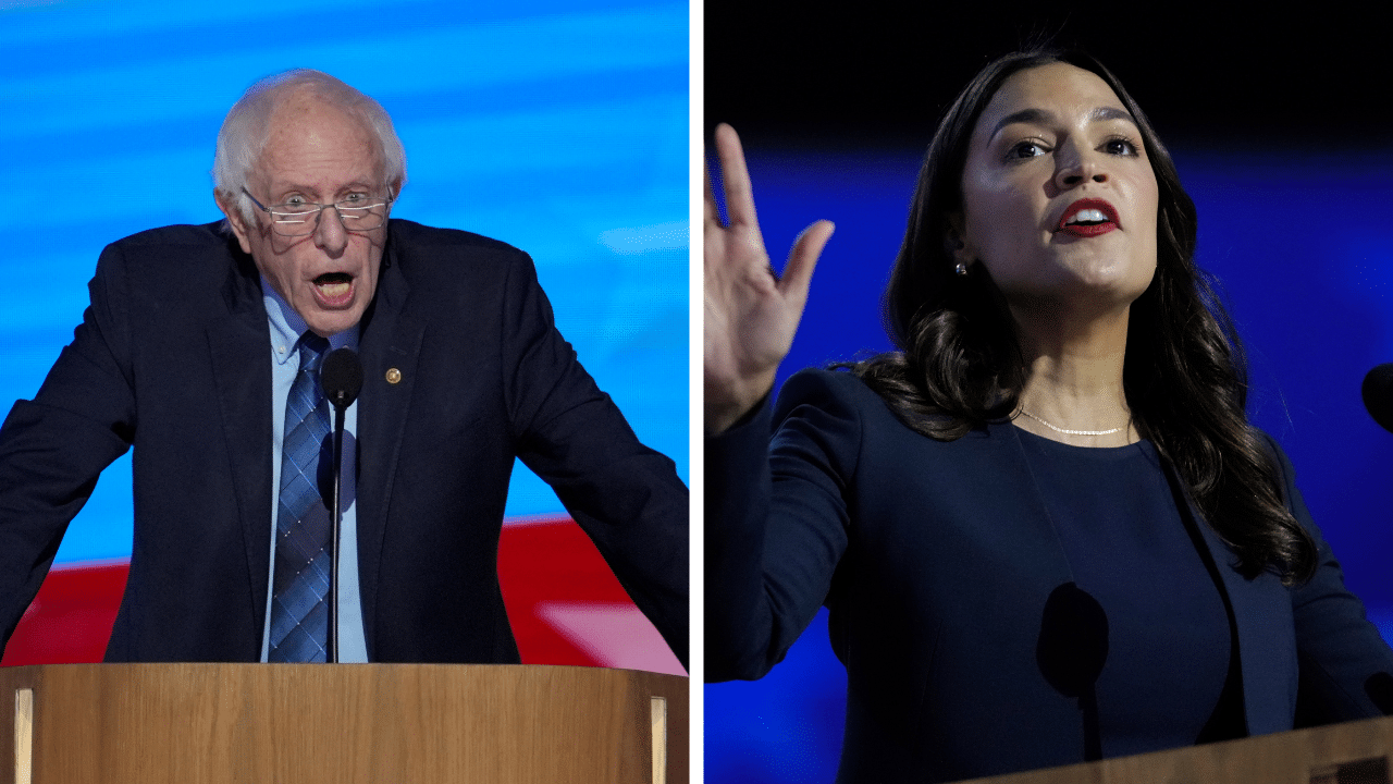 Sanders y Ocasio-Cortez en el podio