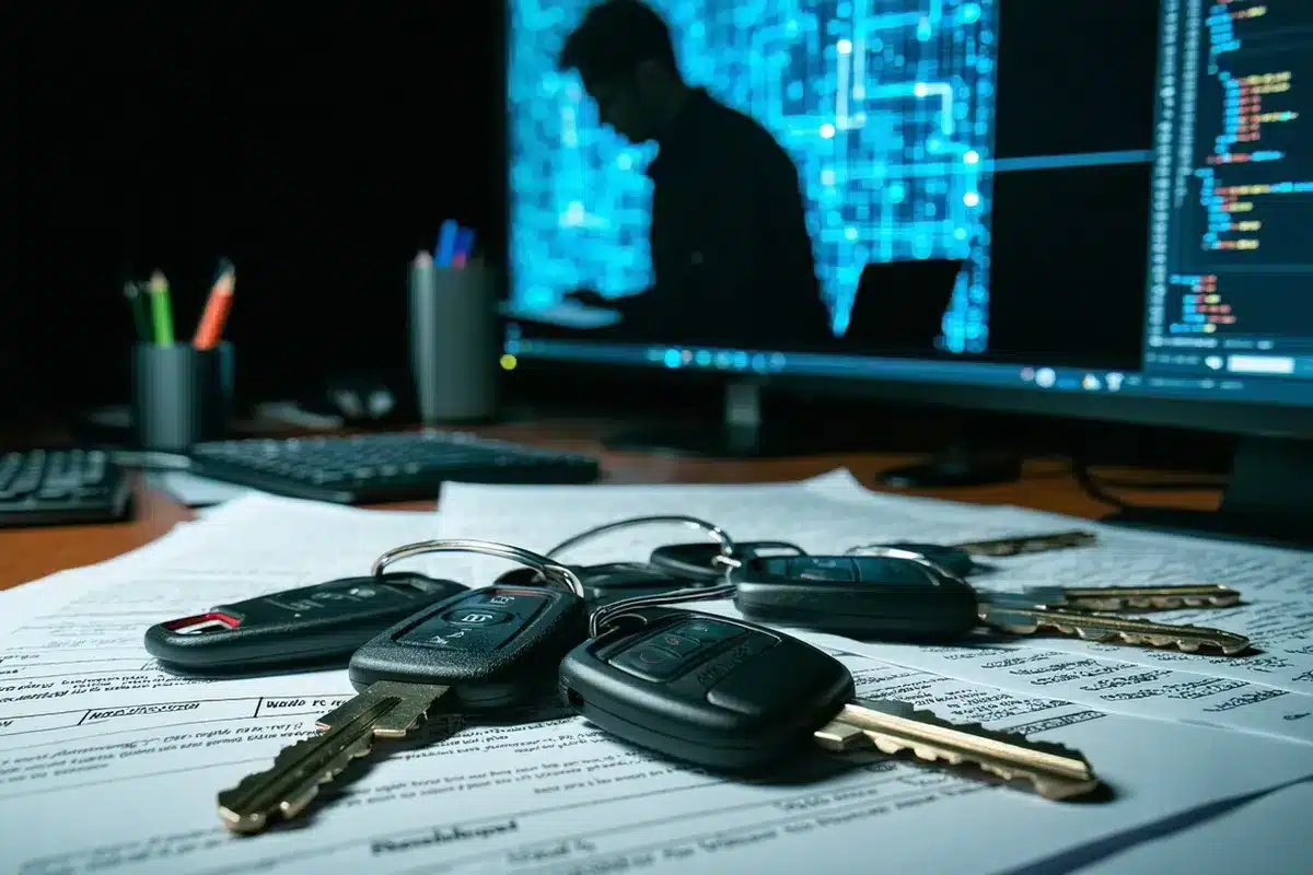 Documentos y llaves de vehículos con computadora de fondo