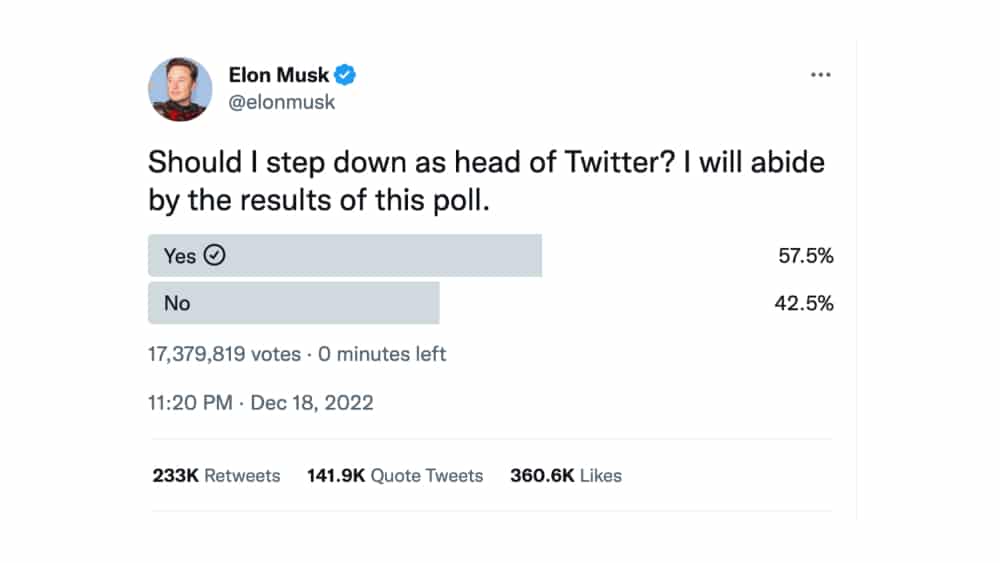 Elon Musk publica encuesta en Twitter sobre su renuncia