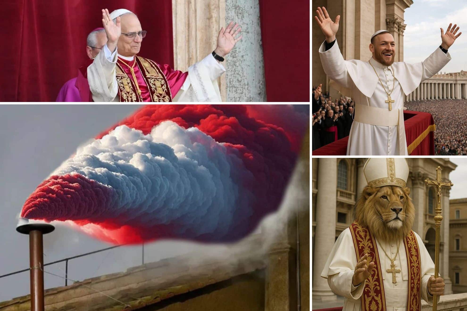 Collage simbólico de la elección papal con elementos de león