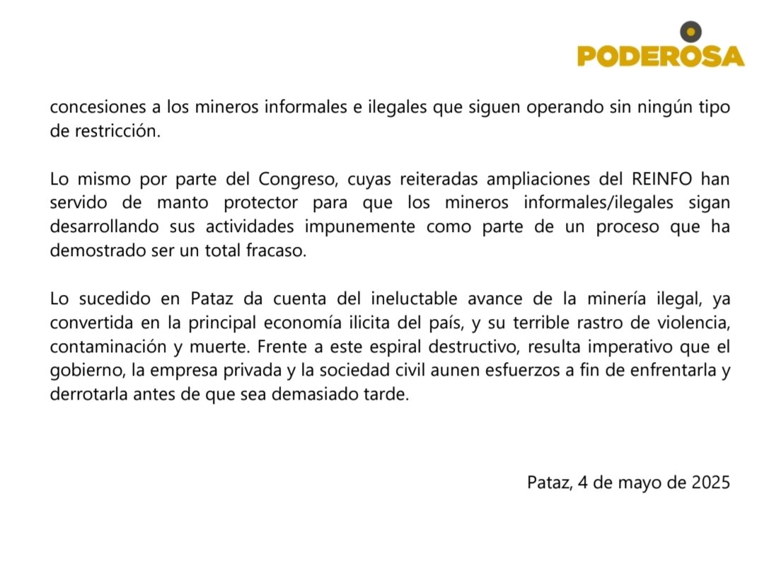 Comunicado de la empresa Poderosa sobre minería ilegal en Pataz
