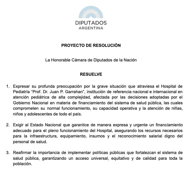 Documento del proyecto de resoluci&oacute;n sobre el Hospital Garrahan