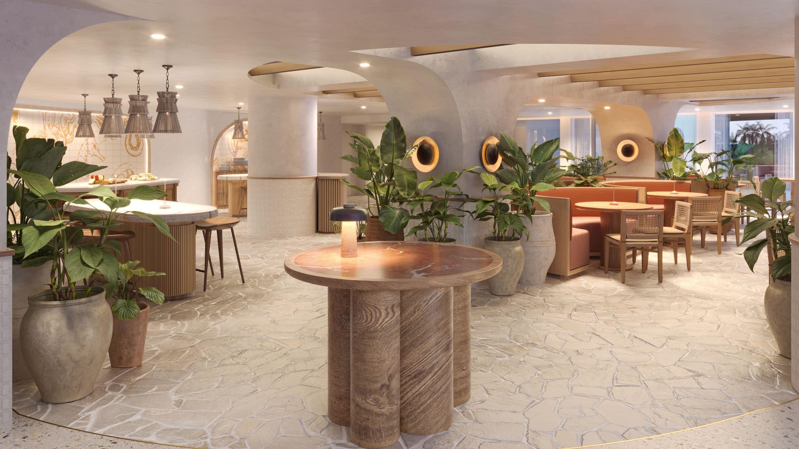 Interior moderno de Aguasal con muebles de madera y vegetaci&oacute;n tropical