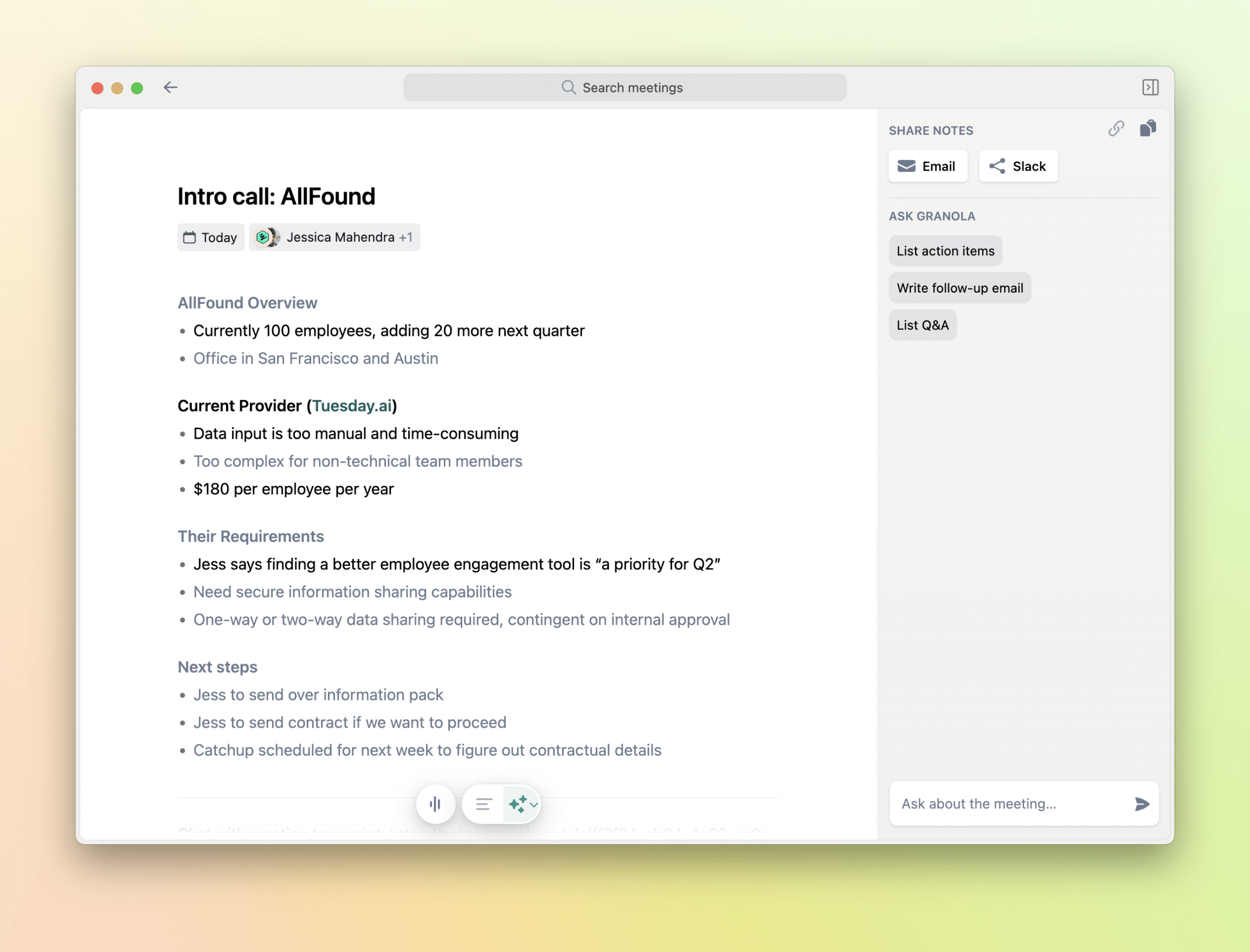 Ejemplo de notas colaborativas con opciones de compartir en Slack