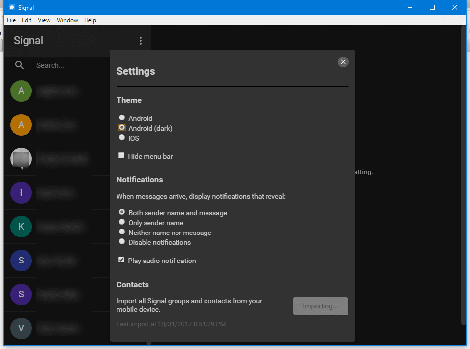 Menú de configuración de Signal en Windows