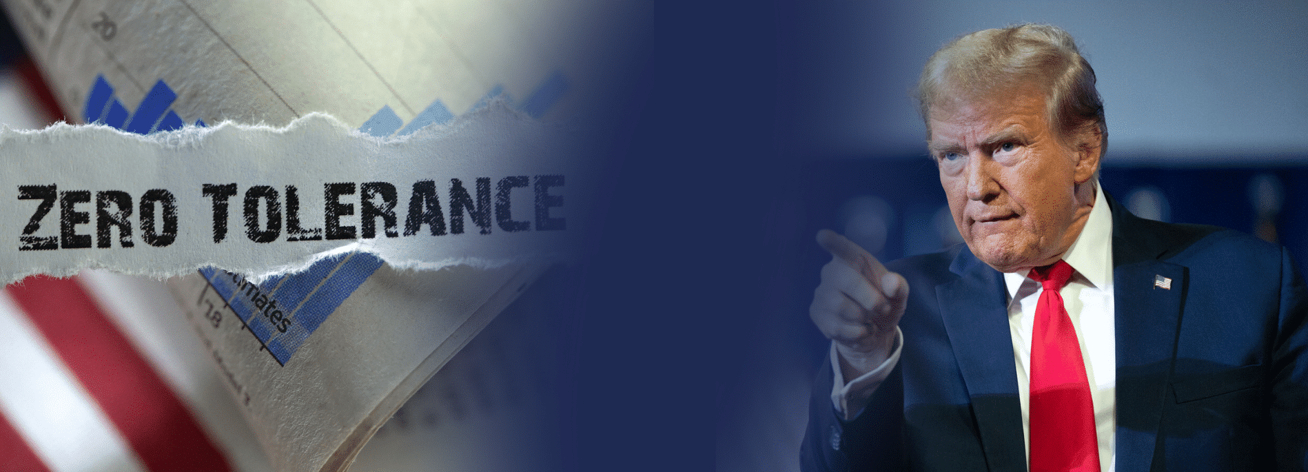 Fondo con texto ZERO TOLERANCE y figura señalando con seriedad