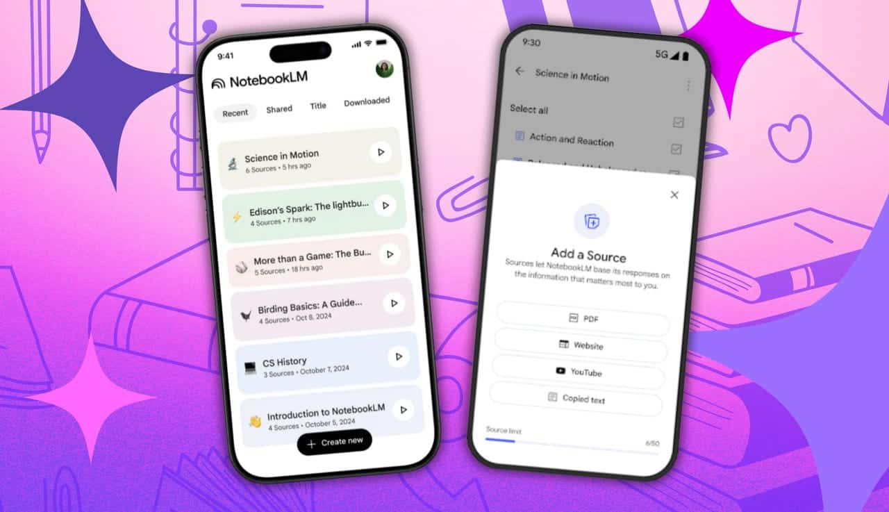 Interfaz de NotebookLM mostrando notebooks y opciones de fuentes