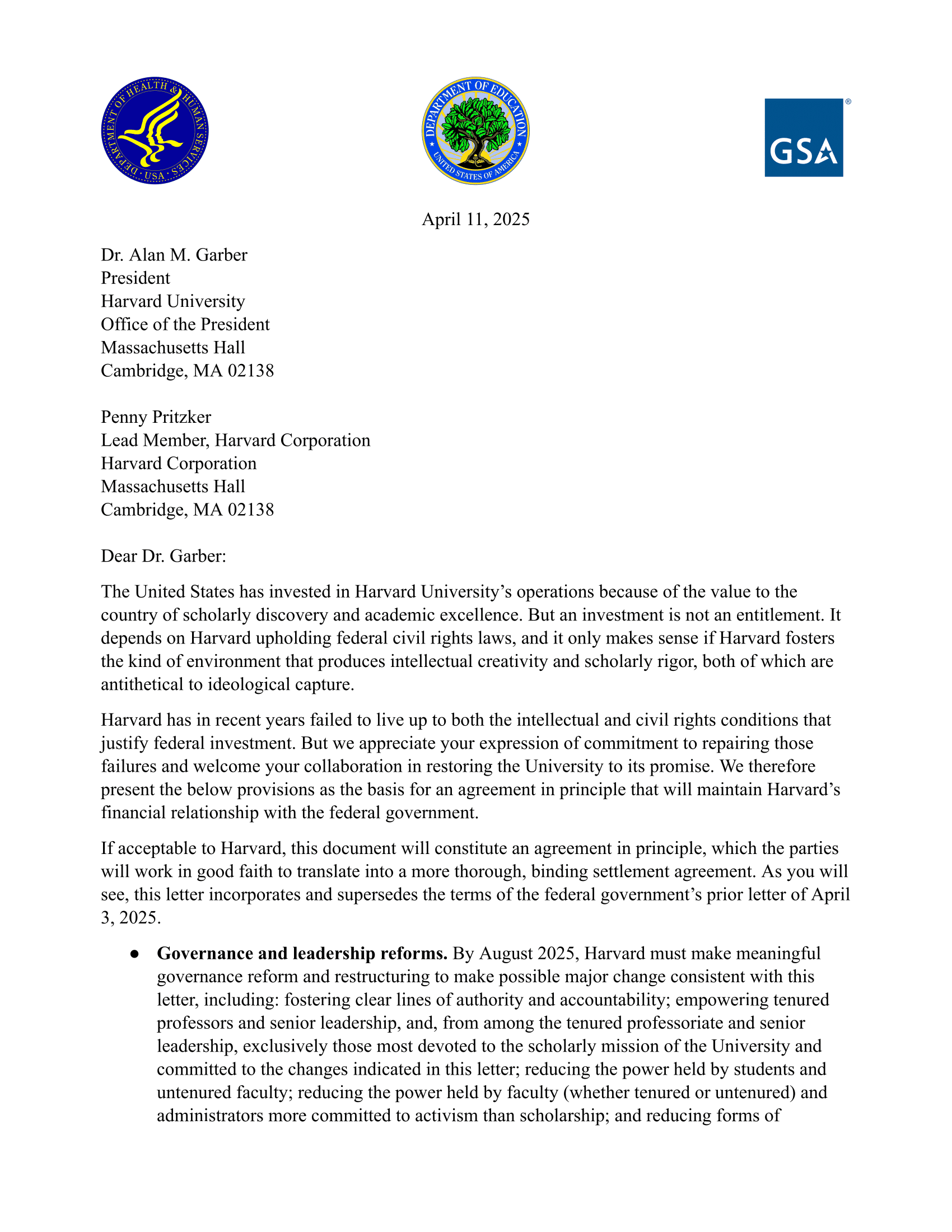 Carta oficial a Harvard