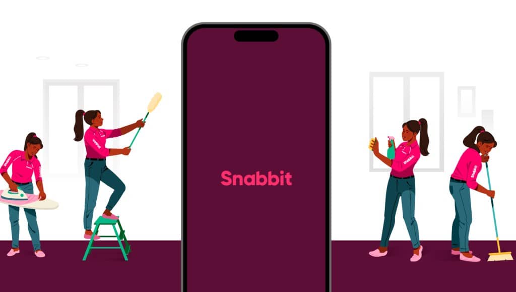 Trabajadoras de Snabbit en camisetas rosas realizando tareas dom&eacute;sticas con la app visible