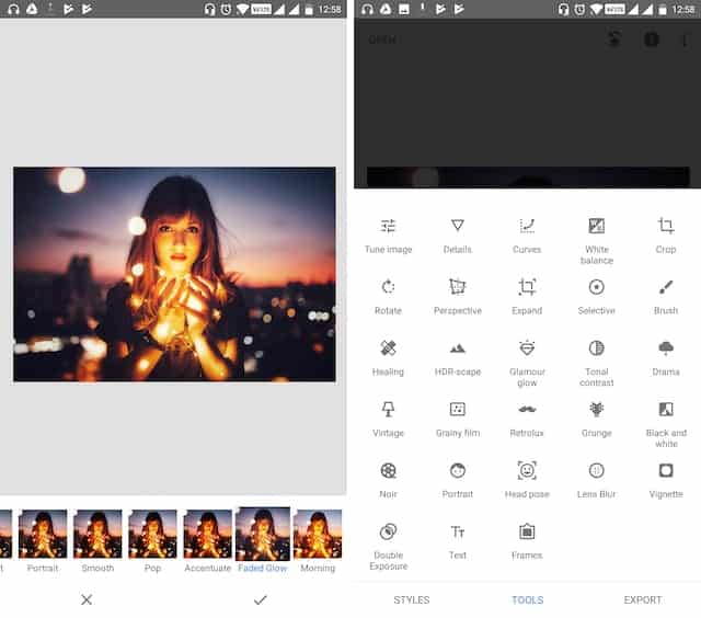 Menú de herramientas de Photoshop en dispositivo Android