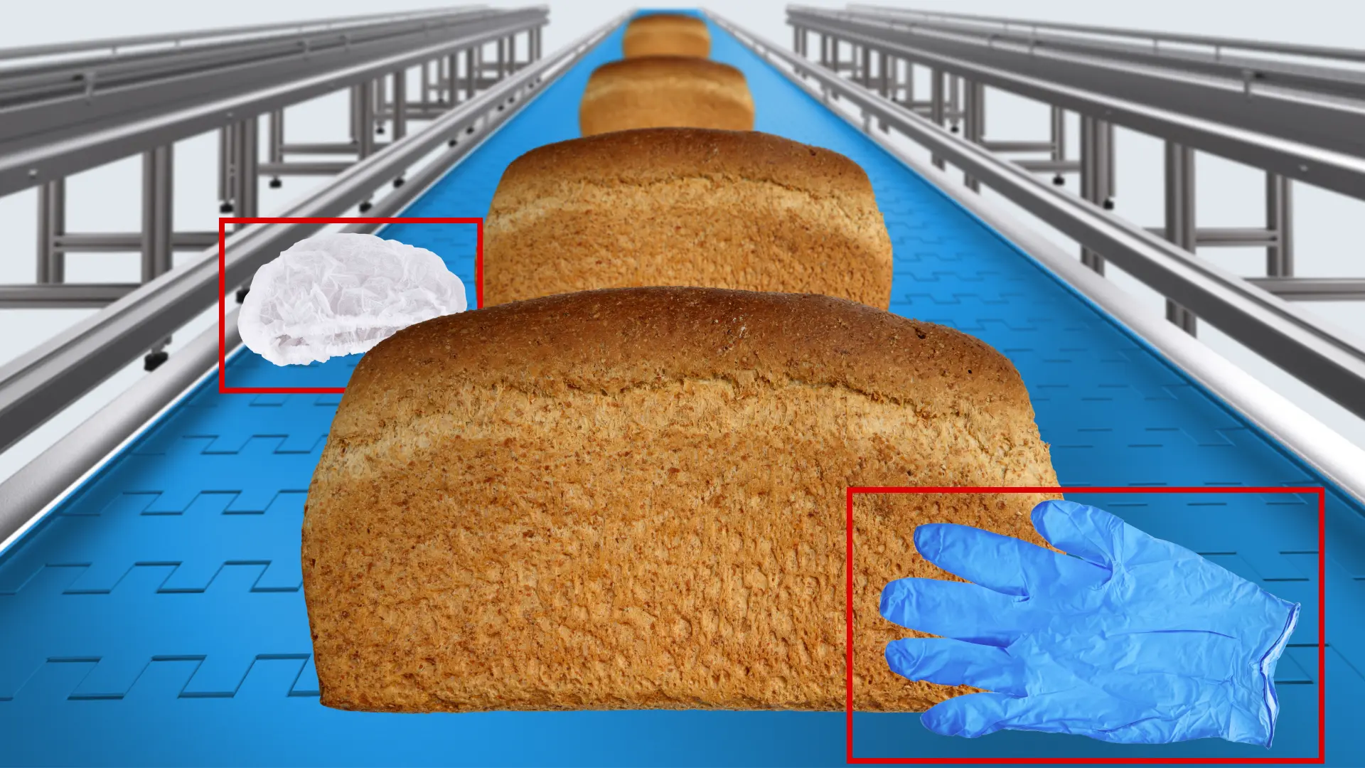 Línea de producción con cofia y guante abandonados