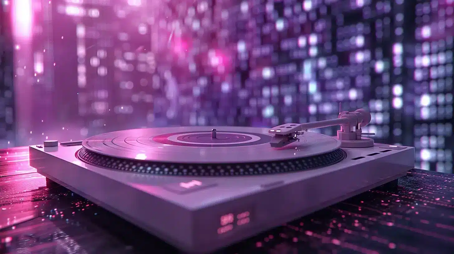 Tocadiscos moderno con luces púrpuras