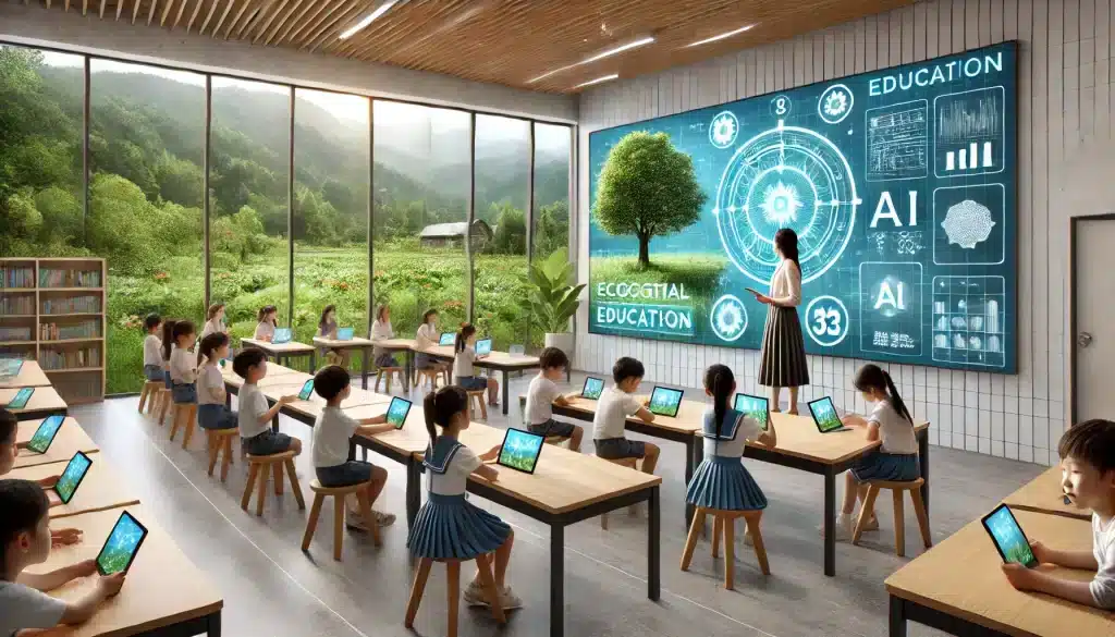 Aula moderna con estudiantes usando dispositivos y pantalla de IA