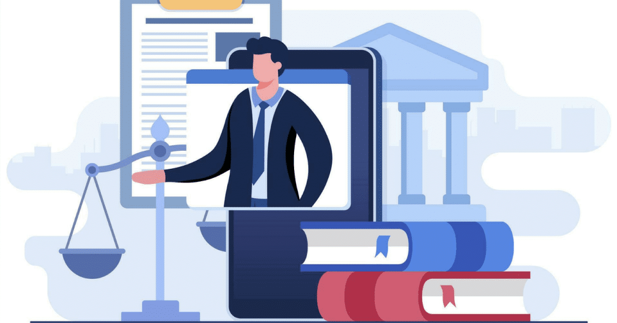 Abogado digital sosteniendo balanza de justicia con libros y dispositivos tecnol&oacute;gicos