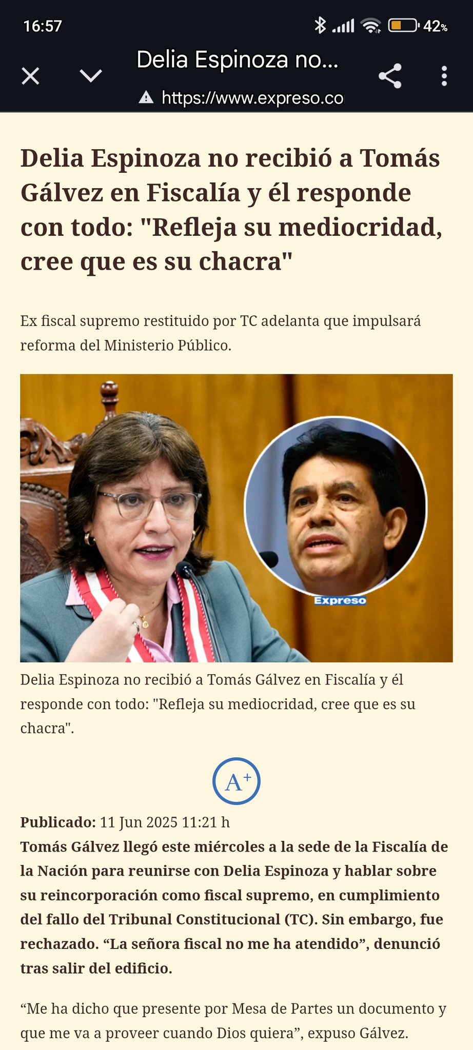 Delia Espinoza en entorno institucional con recuadro de Tom&aacute;s G&aacute;lvez, ilustrando la negativa de reuni&oacute;n