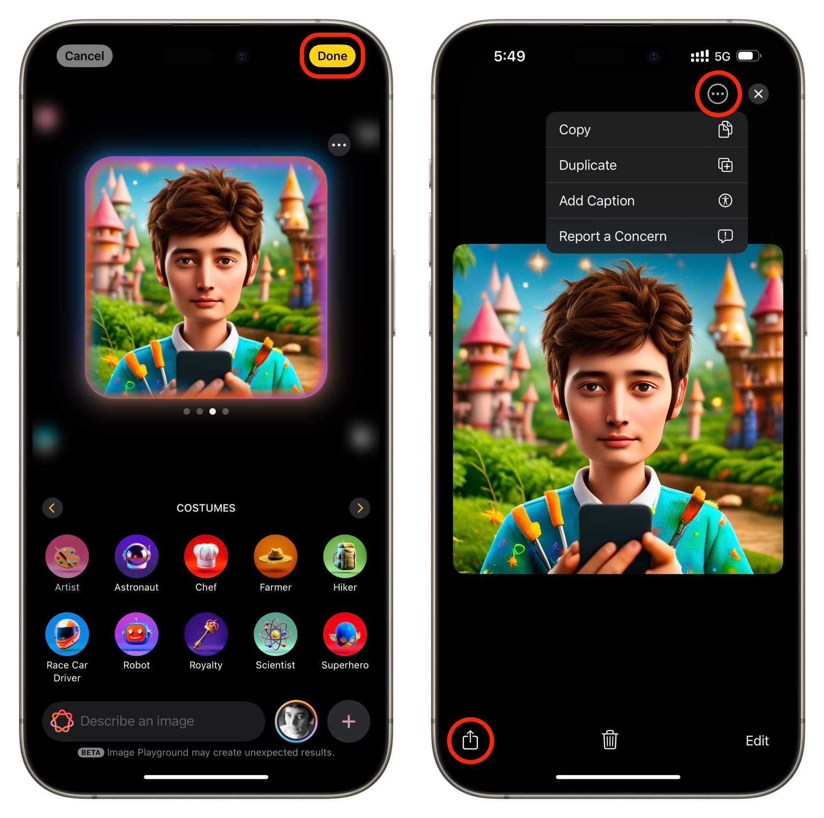 Interfaz de Image Playground mostrando advertencia sobre resultados inesperados