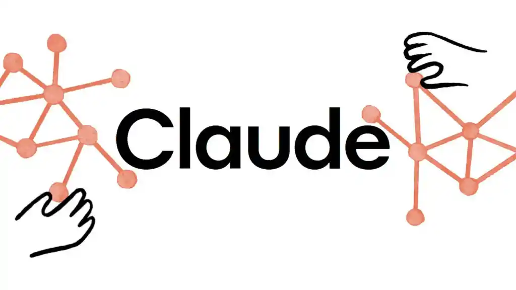 Logo de Claude con nombre en letras negras y manos estilizadas interactuando con una red