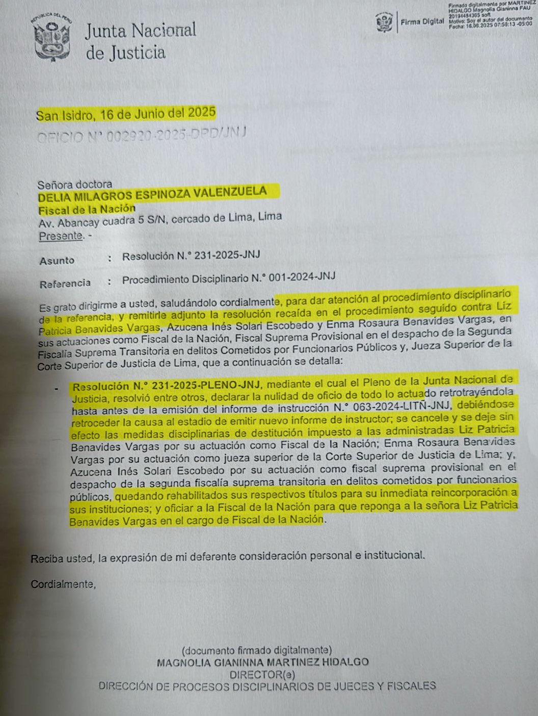 Documento oficial de la Junta Nacional de Justicia sobre resoluci&oacute;n de Patricia Benavides