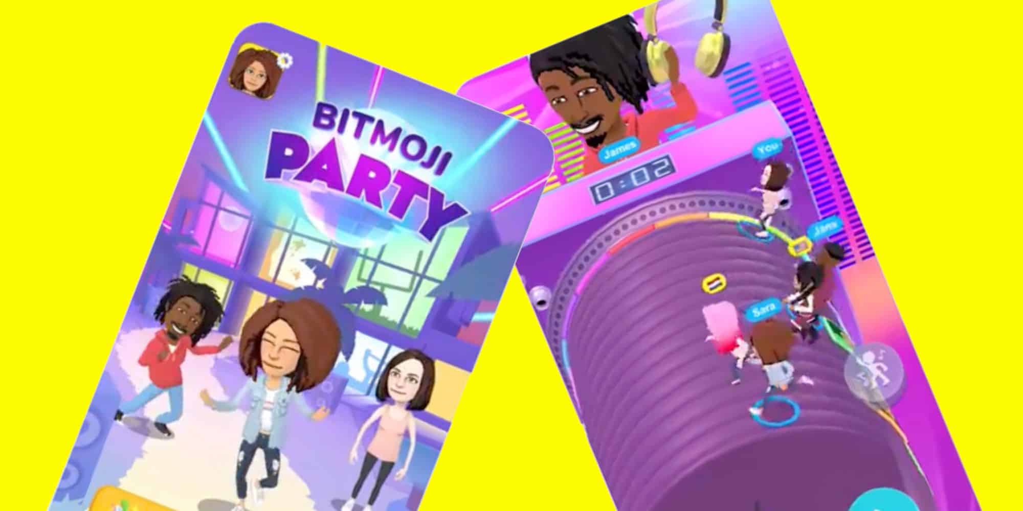 Interfaz de juego Bitmoji Party con avatares bailando