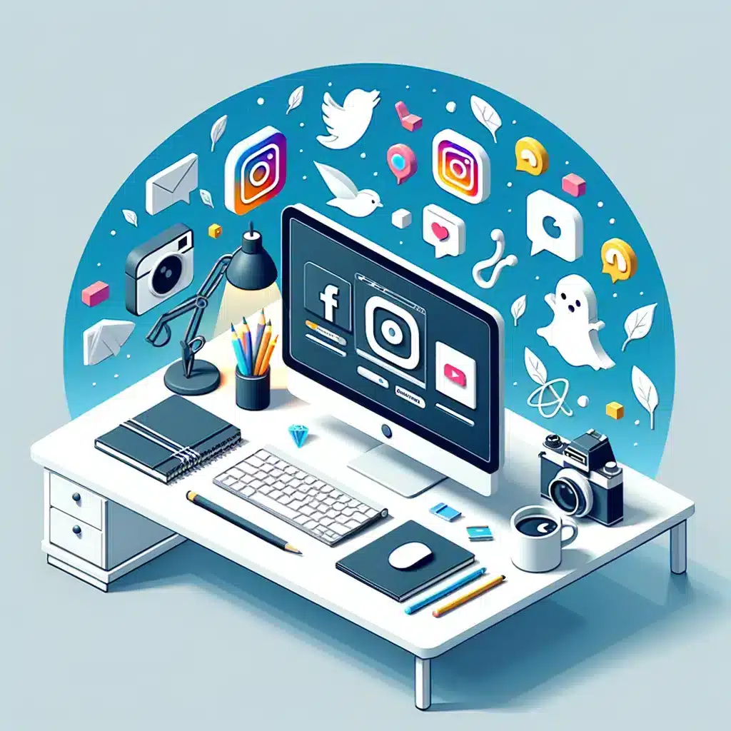 Escritorio con monitor mostrando redes sociales