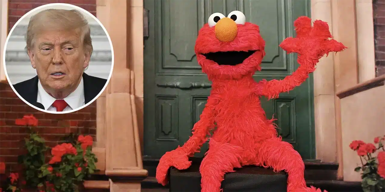Elmo sonriente sentado en entorno con flores rojas y puerta de fondo, con recuadro circular de persona en esquina superior