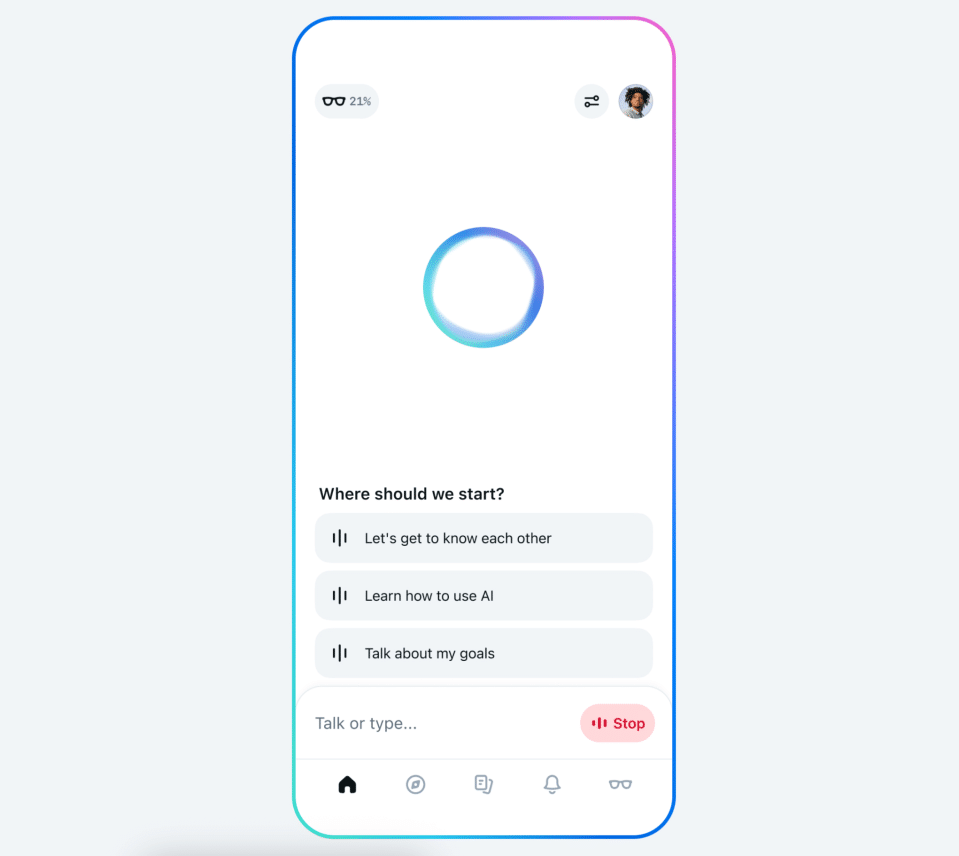 Interfaz de voz AI con opciones de interacción