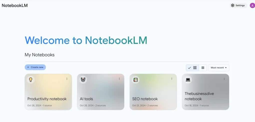 Interfaz de NotebookLM mostrando cuadernos de productividad e IA