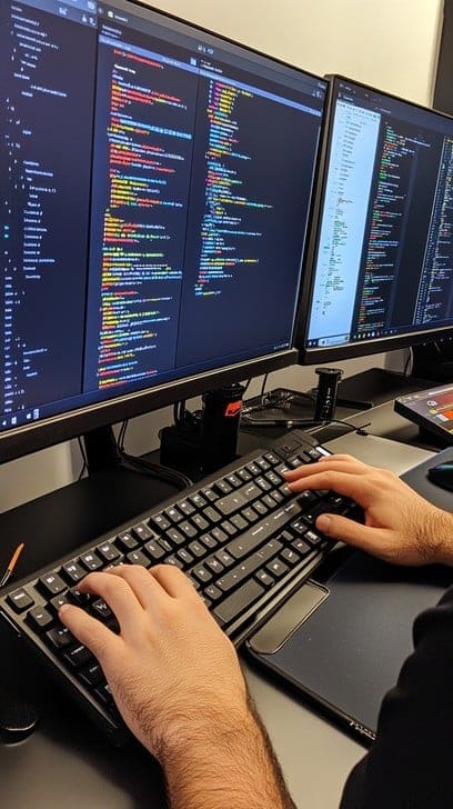 Ingeniero programando en múltiples pantallas