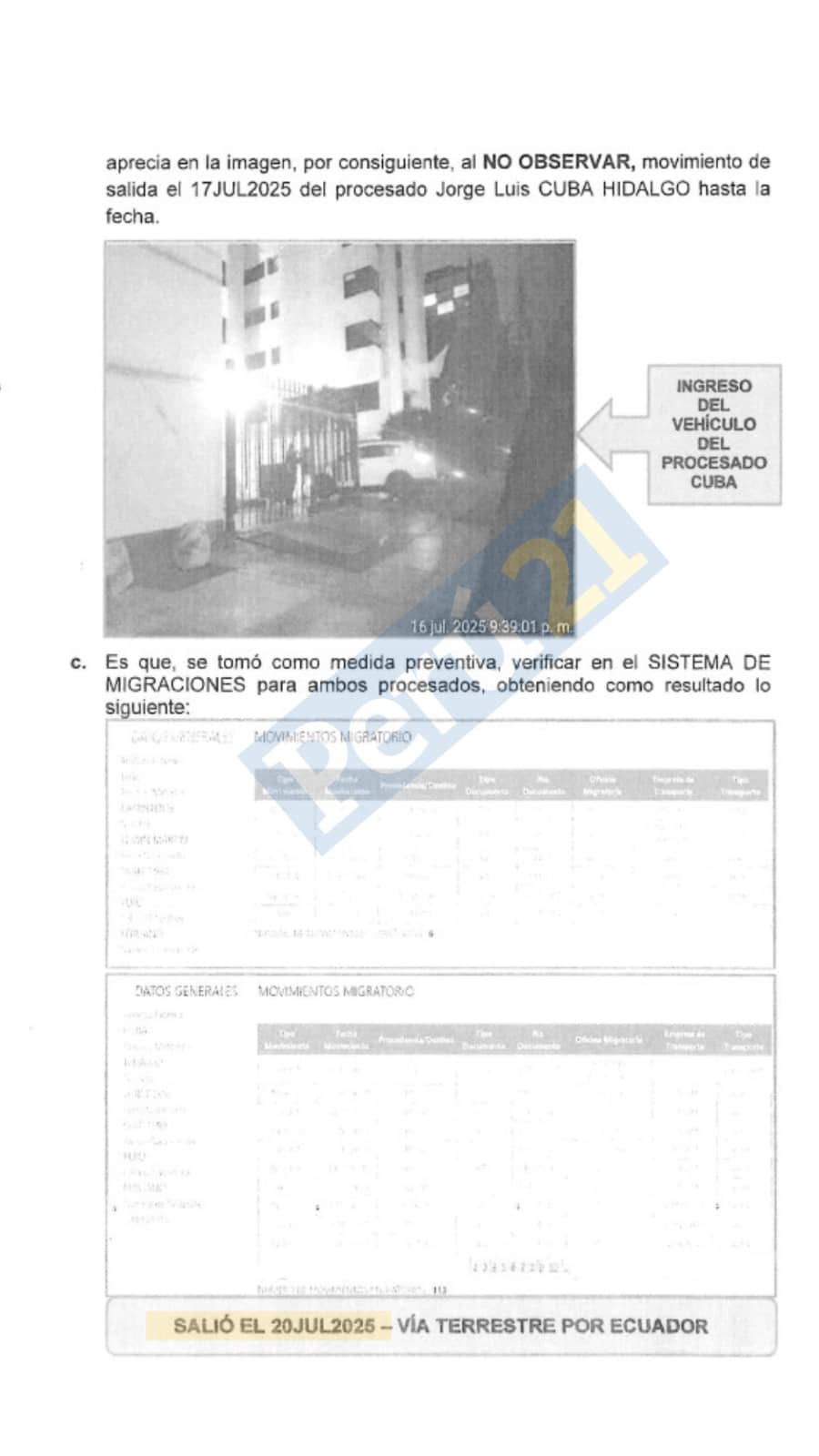 Documento migratorio que muestra la salida de Jorge Cuba