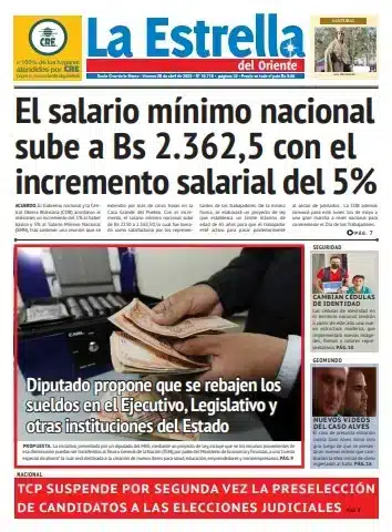 Portada de diario sobre incremento salarial y persona contando billetes