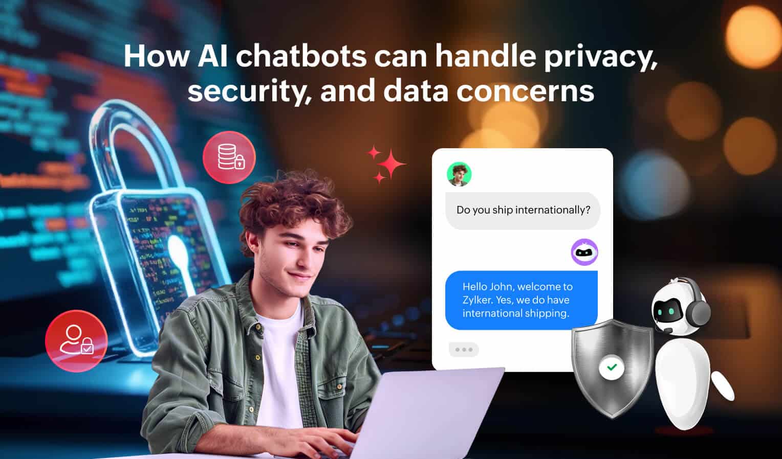 Joven usando laptop con gr&aacute;ficos de seguridad y burbujas de chat