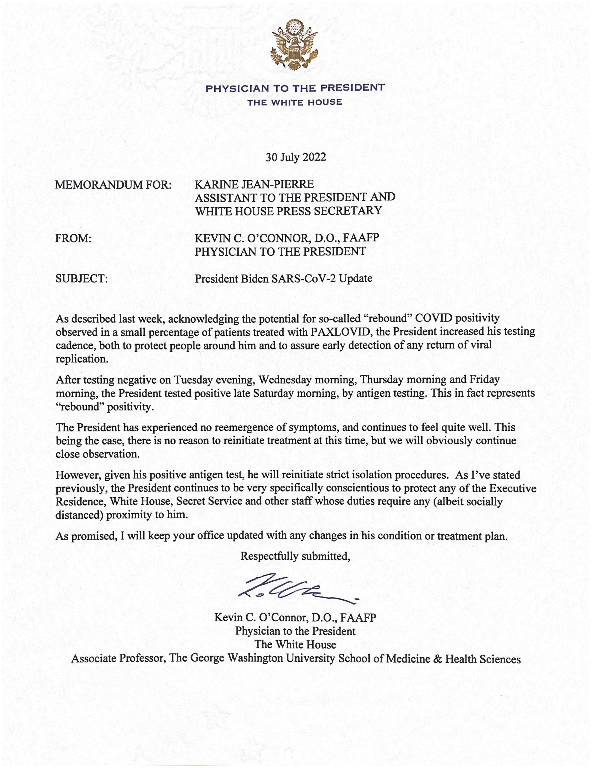 Seguimiento m&eacute;dico de Biden por COVID-19