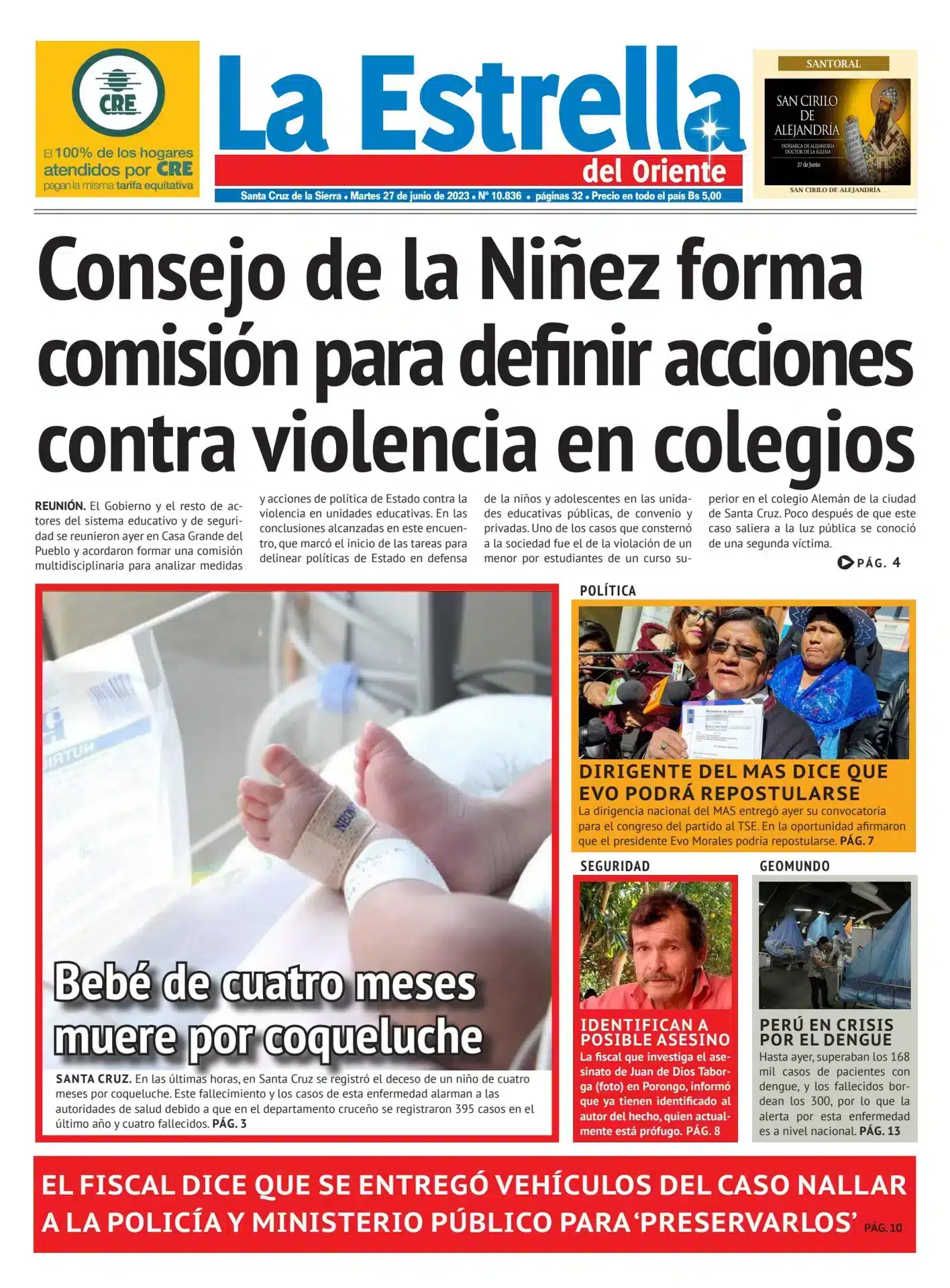 Peri&oacute;dico con titulares sobre entrega de veh&iacute;culos a la Polic&iacute;a y Fiscal&iacute;a