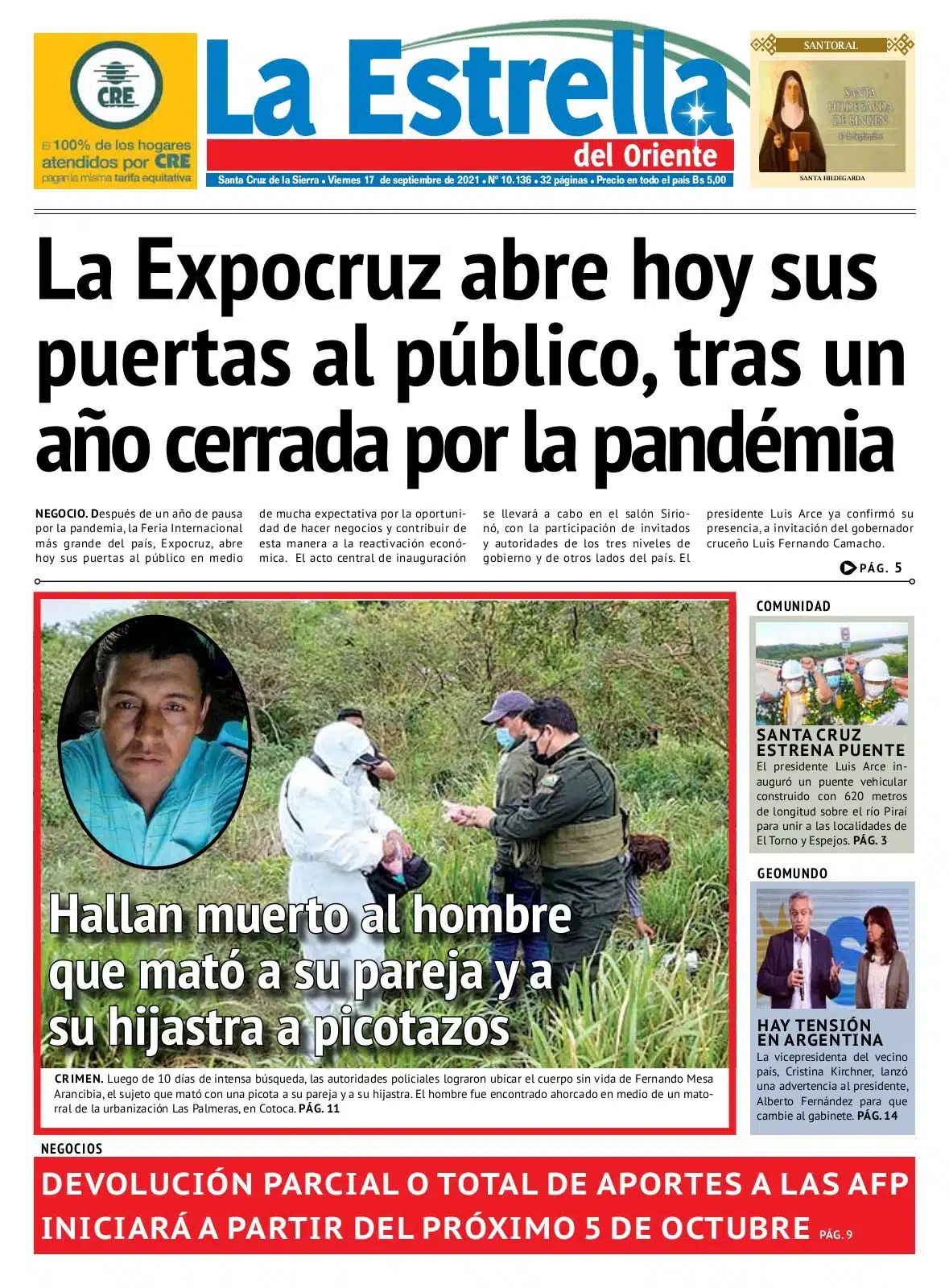 Portada de peri&oacute;dico mencionando advertencia de Cristina Kirchner