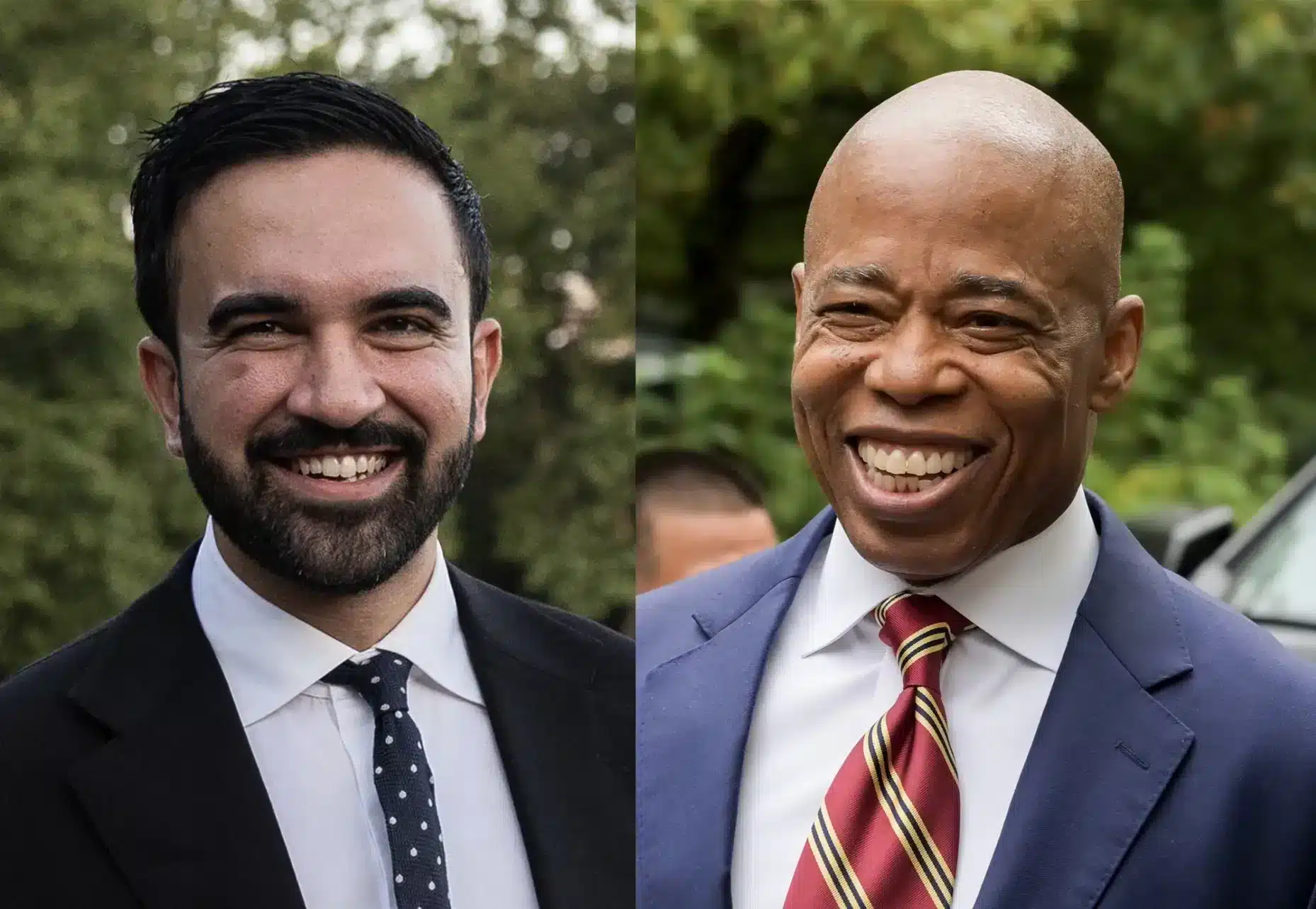 Eric Adams y Zohran Mamdani sonriendo en evento público