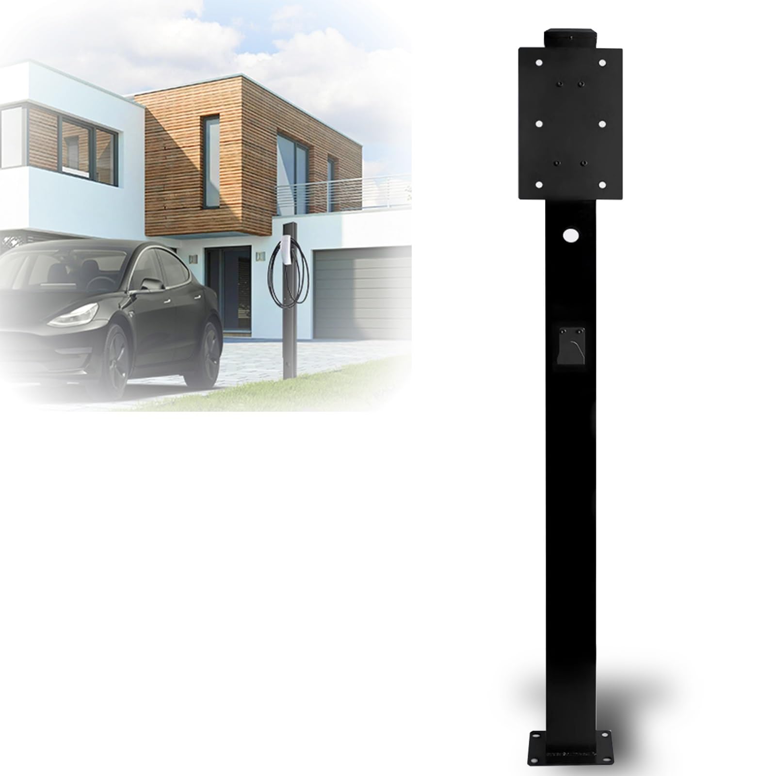 Poste de carga para vehículos eléctricos frente a una casa moderna