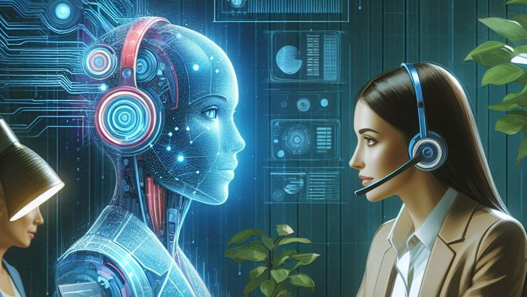 Robot humanoide con auriculares interactuando con datos digitales