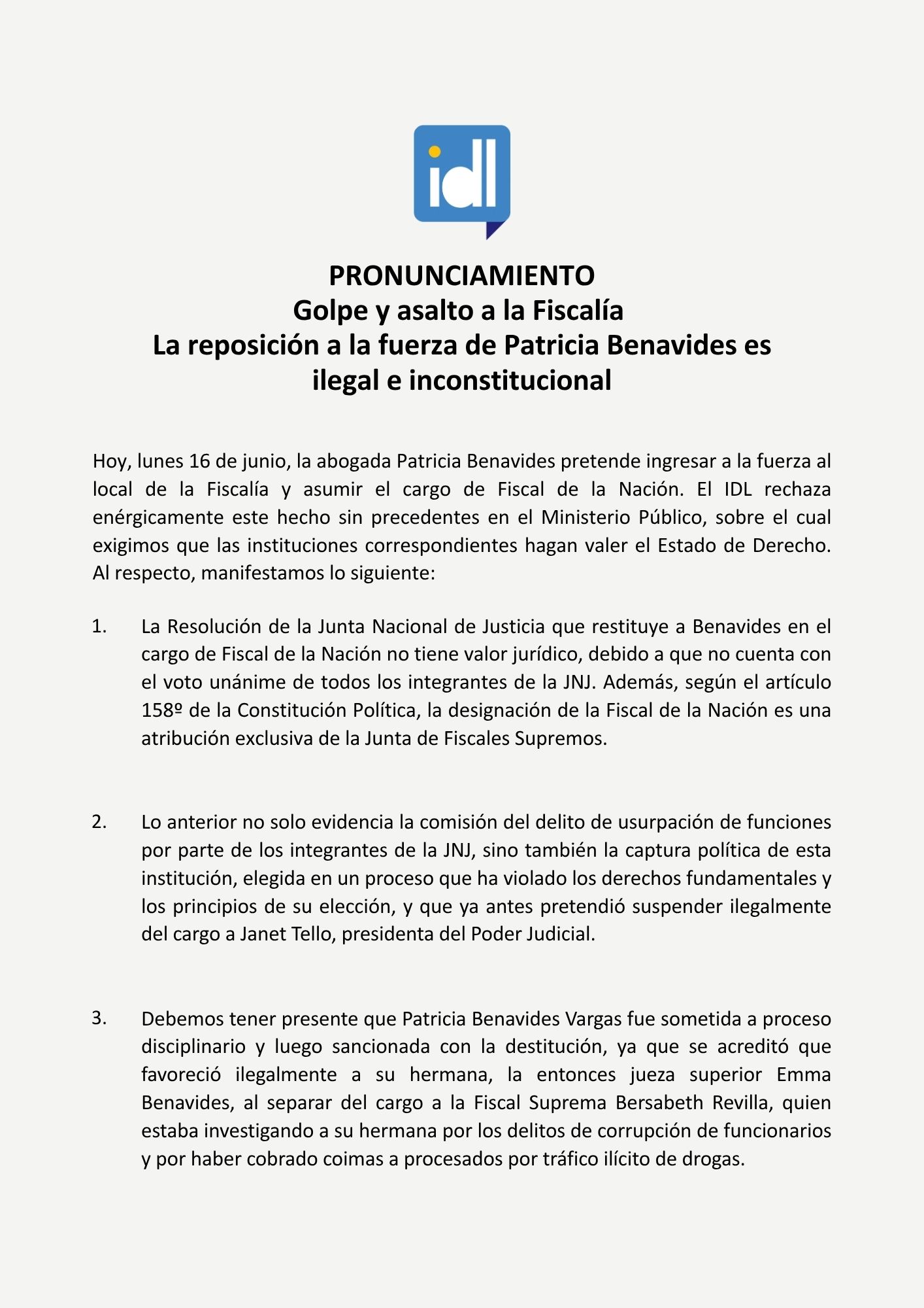 Pronunciamiento cr&iacute;tico sobre designaci&oacute;n de Benavides