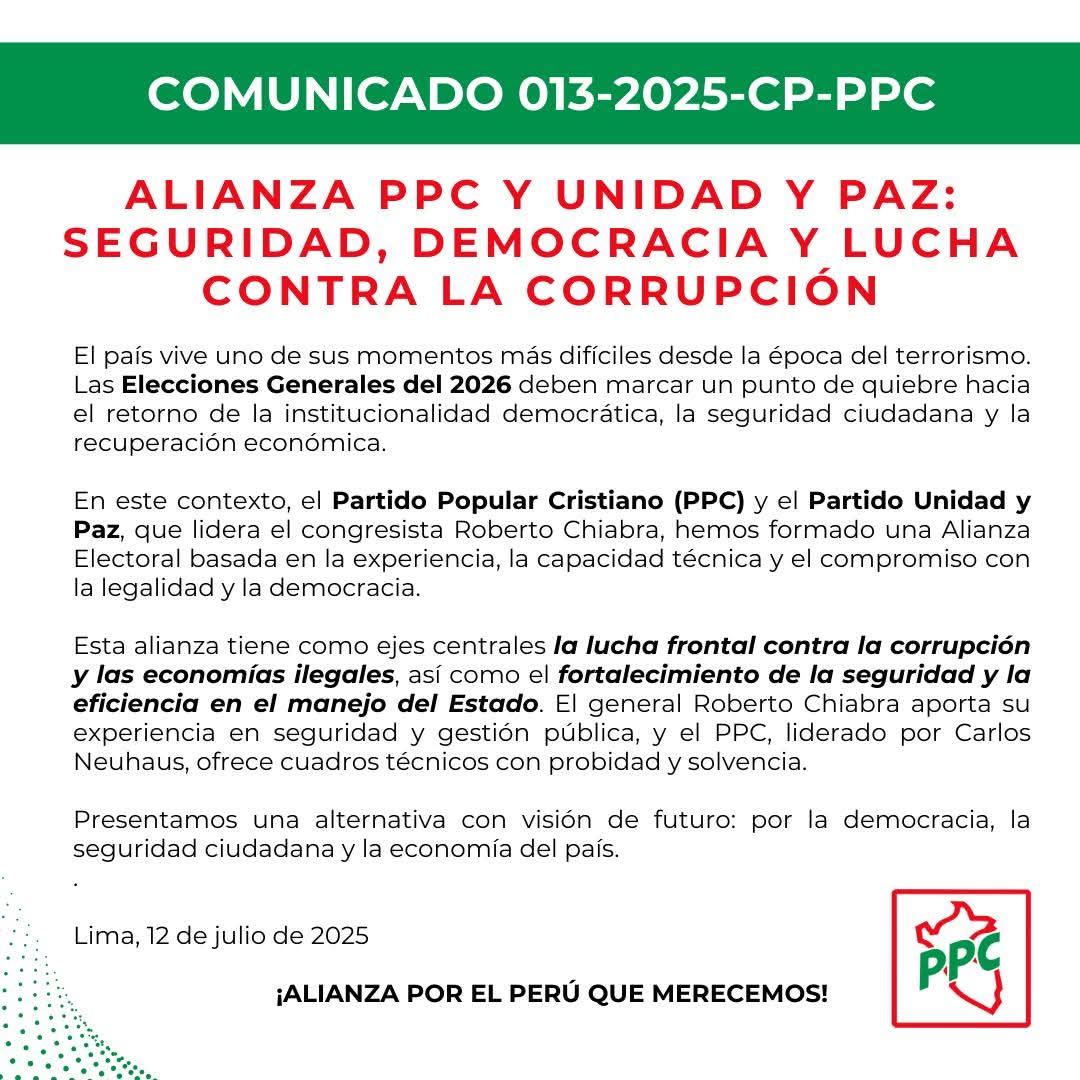 Comunicado oficial del PPC anunciando alianza con Unidad y Paz