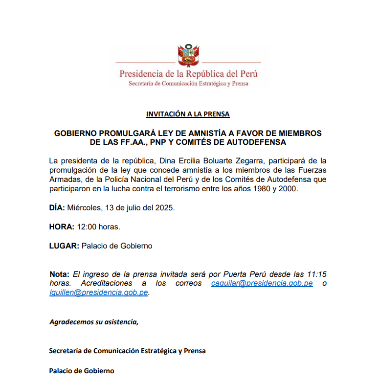 Invitaci&oacute;n oficial de la ceremonia con escudo presidencial