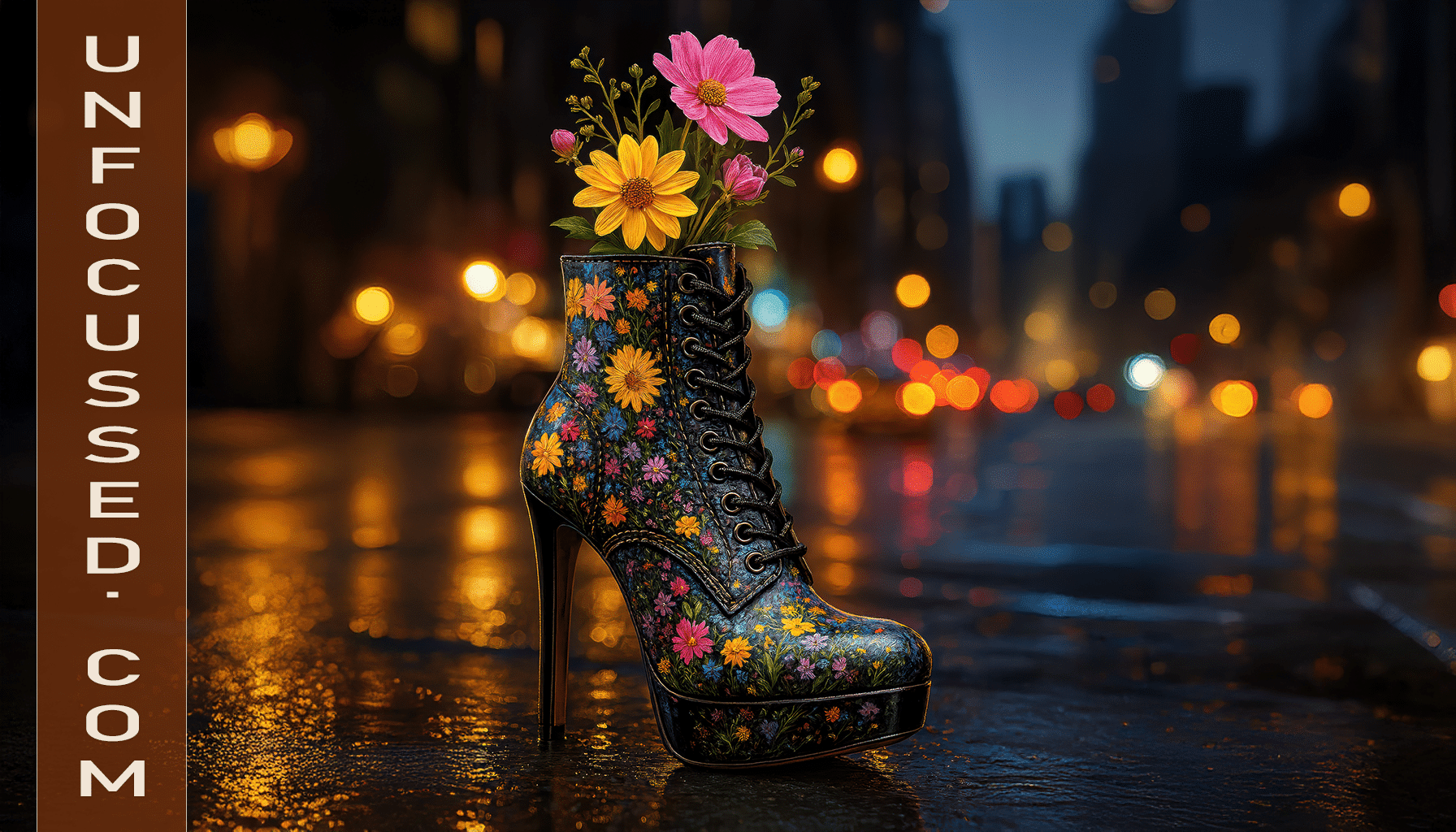 Bota decorada con flores en entorno urbano, representando innovaci&oacute;n