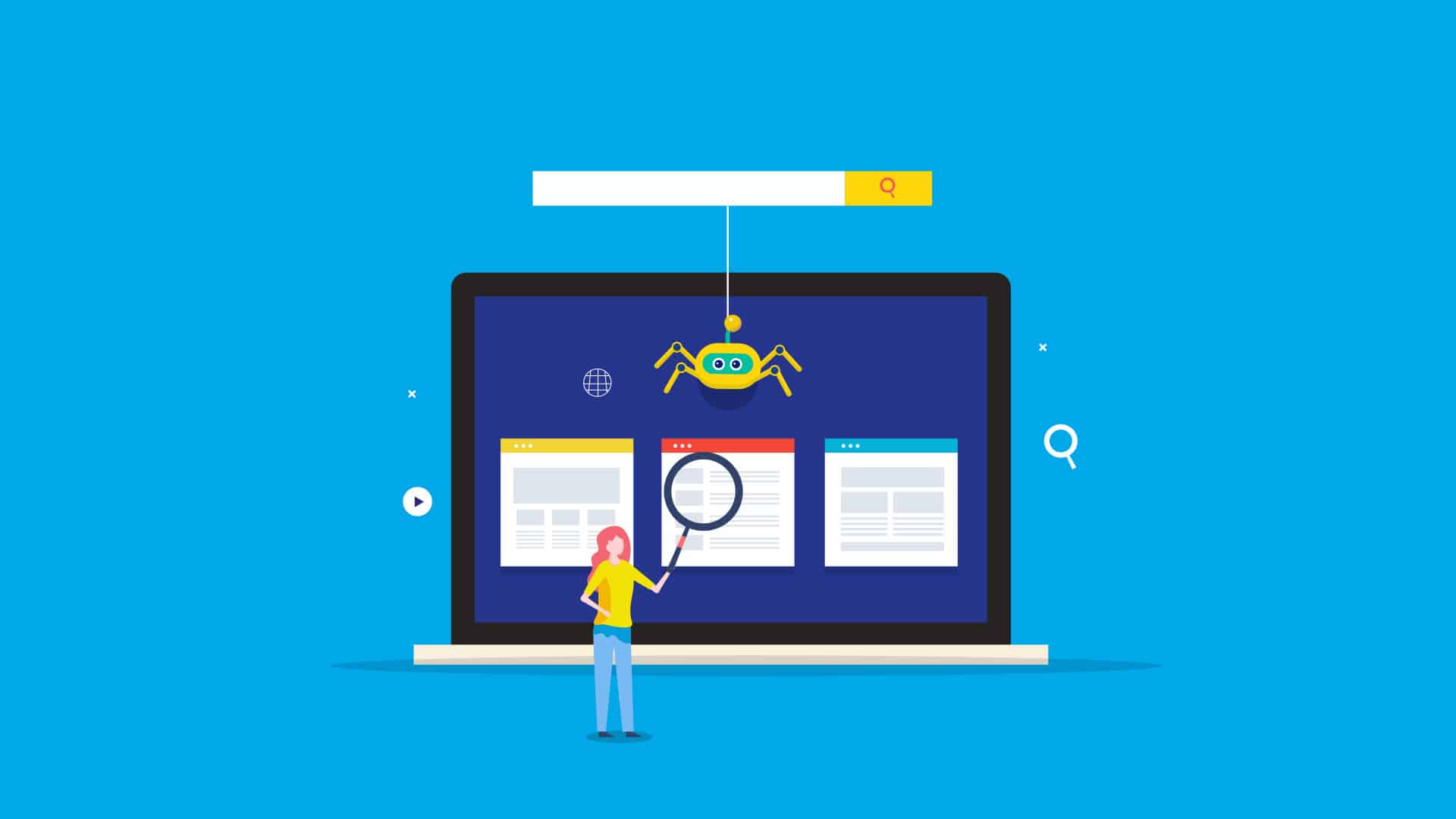 Representaci&oacute;n visual de un web crawler con ara&ntilde;a simb&oacute;lica