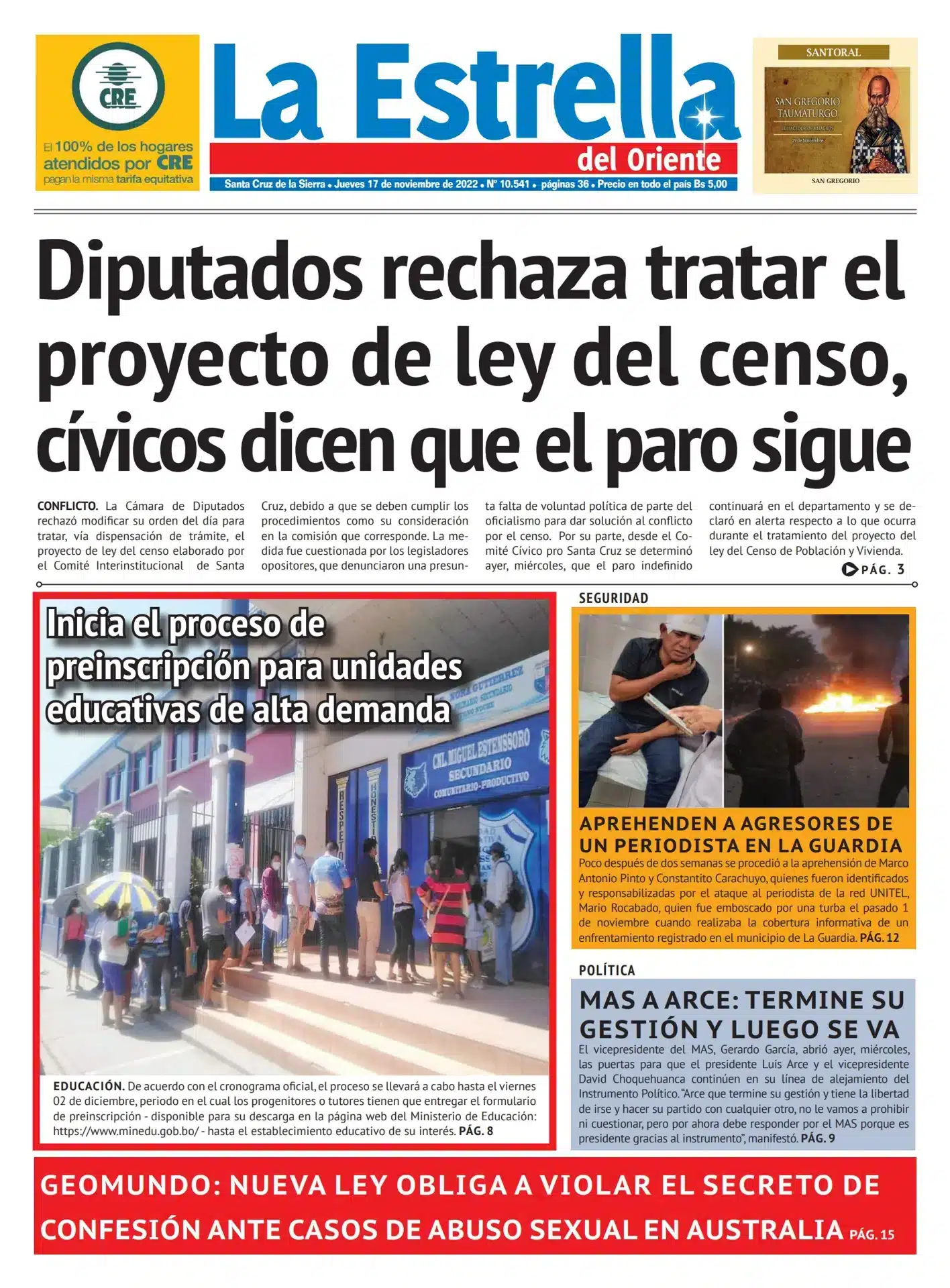 Portada de peri&oacute;dico con titulares sobre rechazo legislativo y conflicto pol&iacute;tico