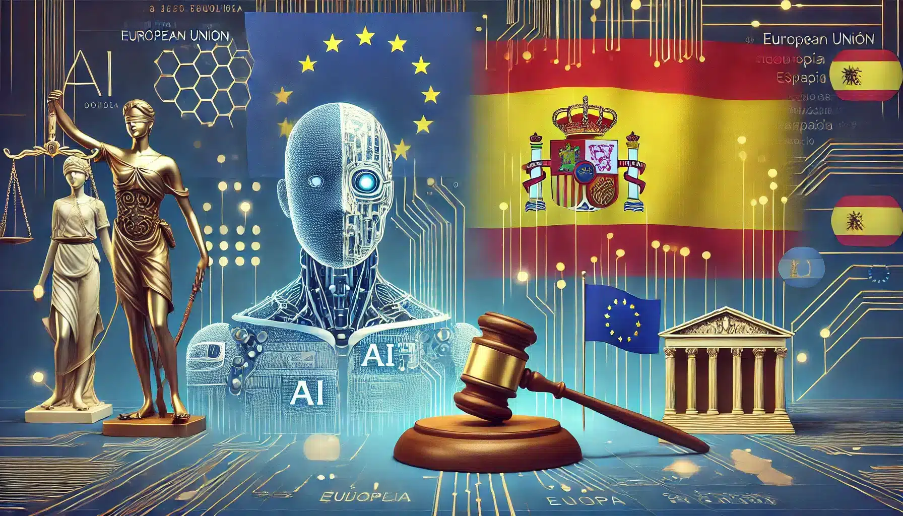 S&iacute;mbolos de justicia y tecnolog&iacute;a con bandera europea