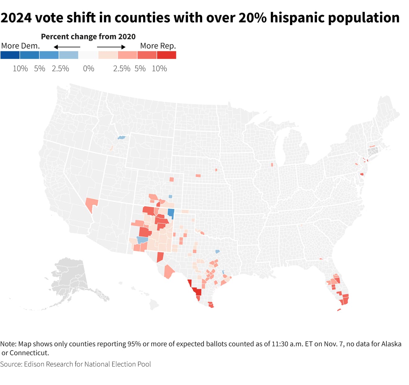 Mapa de cambios en el voto latino por condados
